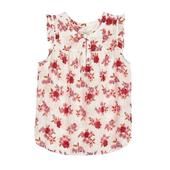 Loft Zinnia Ruffle Sleeve Split Neck Shell Red/Cream Size Large - Picture 2 of 10